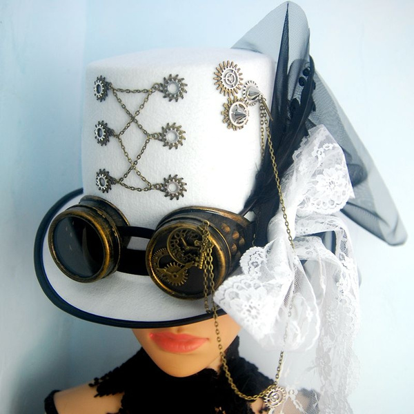 Handmade Steampunk Hat White , Steampunk Goggle, Steampunk Gears, Steampunk  Chains, Steampunk Accessories